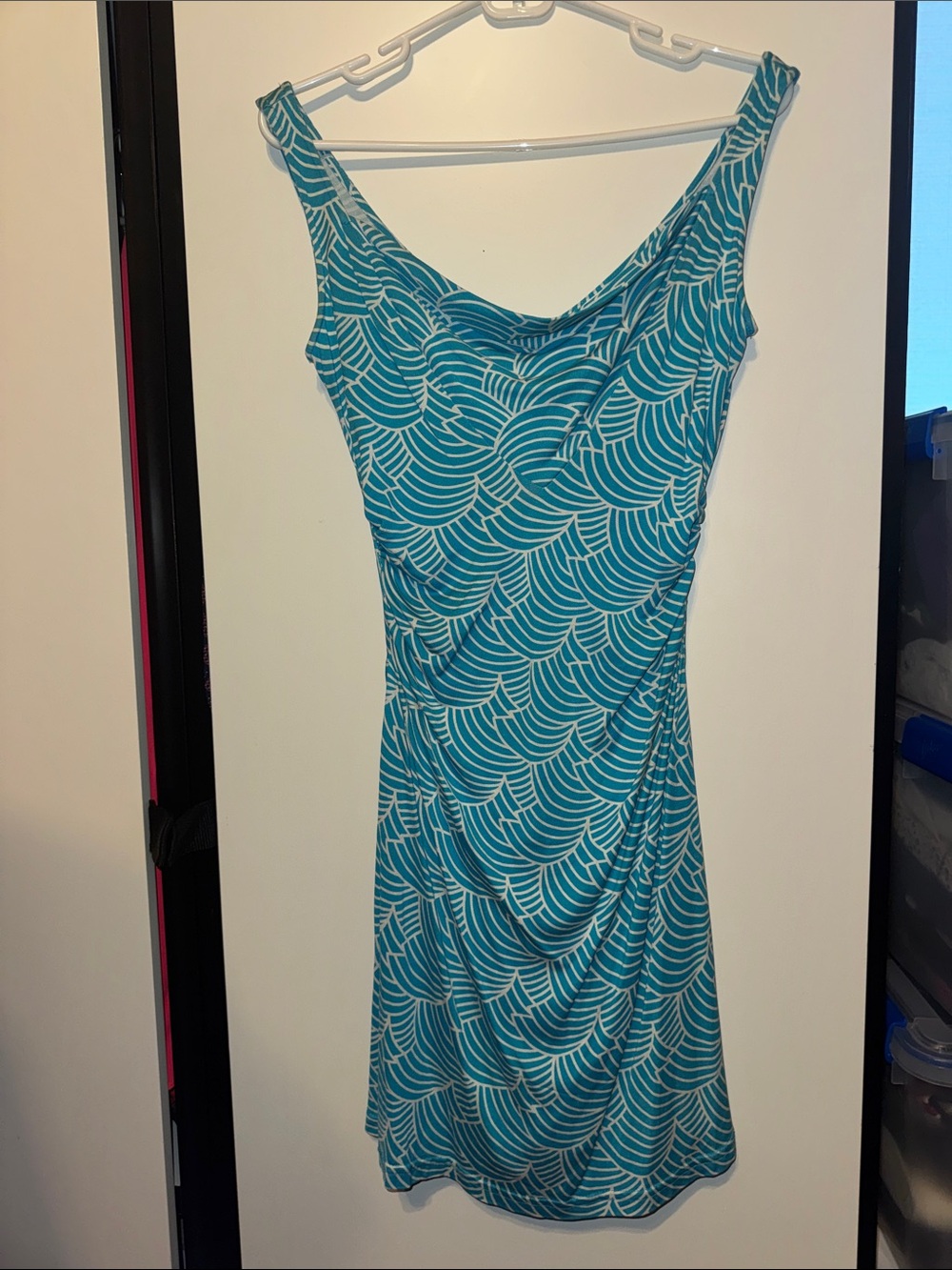Diane Von Furstenberg Teal and White Wave-Print Cowl Midi Dress